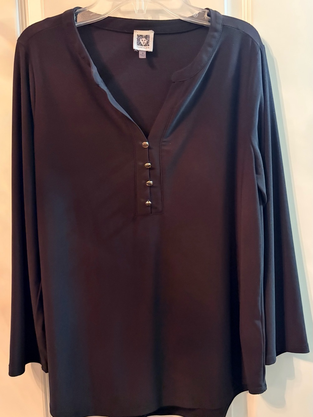 Anne Klein Black Long-Sleeve Henley Tunic with Metal Buttonsy